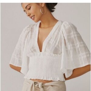 New Anthropologie Sz M Windowpane Kimono Top Deep V Neck Smocked Waist